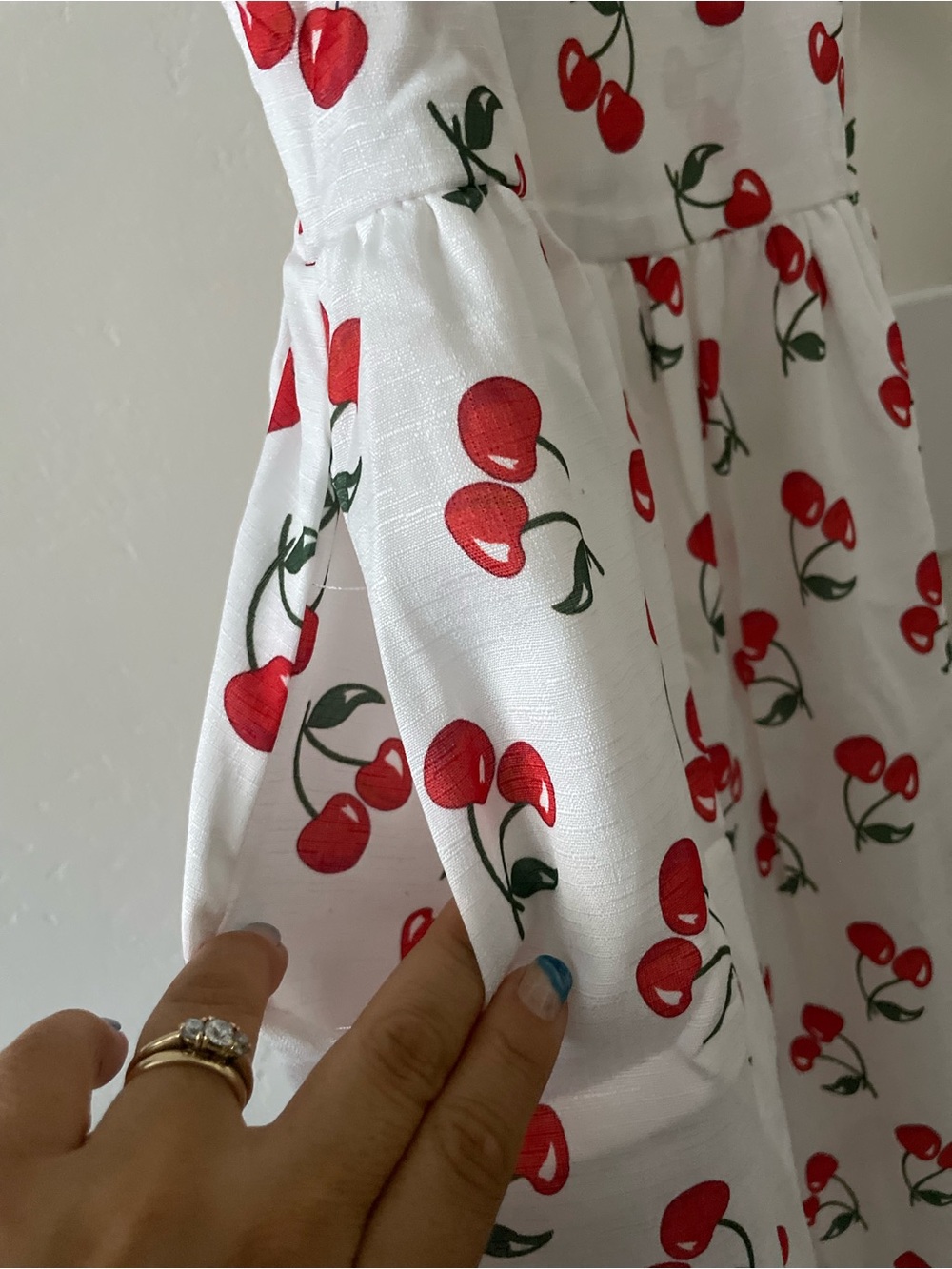 White Cherry Print Maxi Dress with Spaghetti Straps and Fitted Bodice - Picture 7 of 8